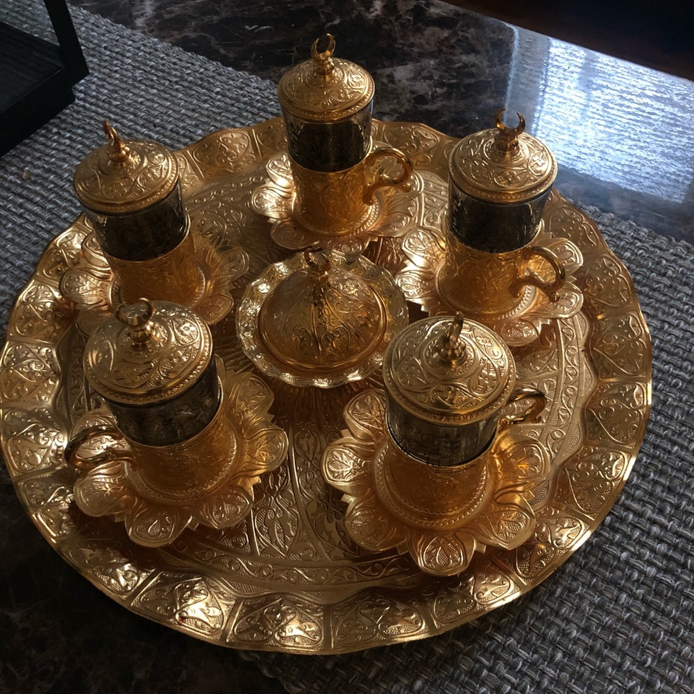 Gold Turkish Tea set of 5 with Gold Tray